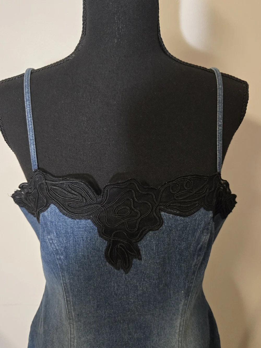 Basix II, Blue Denim Jacket & Skirt Set with Black Lace Trim